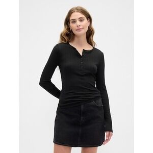 GAP Womens Ribbed Long Sleeve Henley Top Black Size NWT